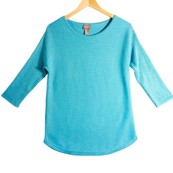 Chico's, Turquoise Blue, Sparkle, Ribbed Knit Top with 3/4 Sleeves,  Size Small - Picture 1 of 12